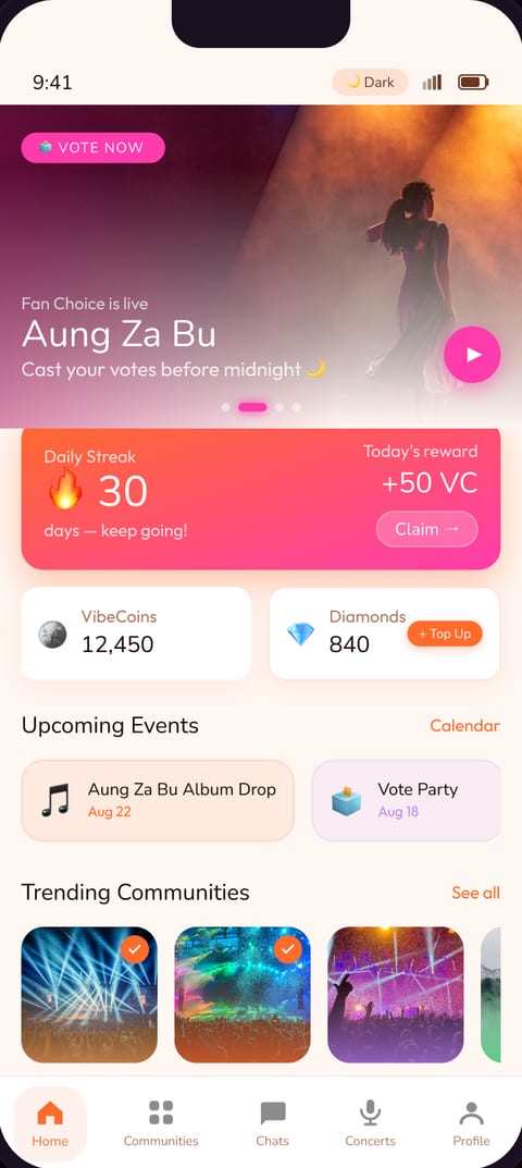 PweVibe home screen with a daily streak, VibeCoins balance and upcoming events