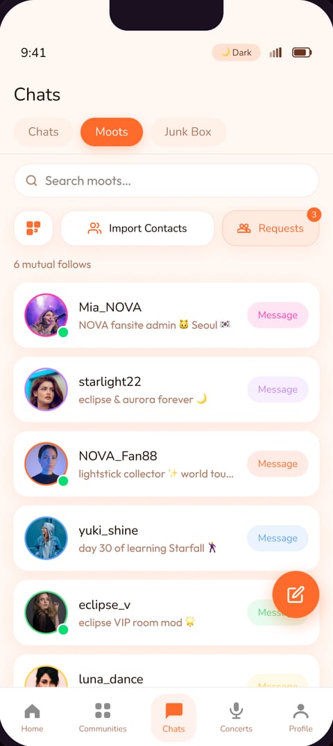 Moots screen for connecting with fans